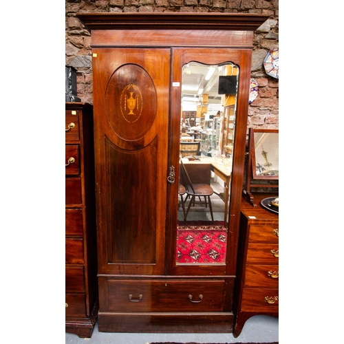 93 - NEAT EDWARDIAN INLAID MIRROR DOOR WARDROBE 100 X 38 X 195H CM