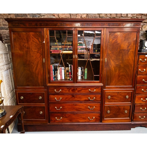 96 - QUALITY ANTIQUE MAHOGANY LINEN PRESS WITH 2 DOOR GLASS + DRAWER CENTRE 225W X 55D X 205H CM