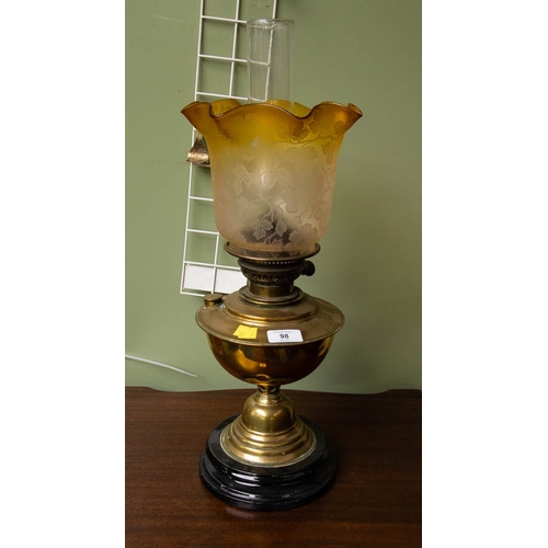 98 - BRASS OIL LAMP WITH ORANGE SHADE