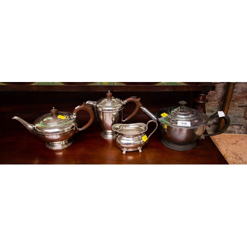 114 - SILVER PLATED TEA + COFFEE POT, TEA POT + MILK JUG