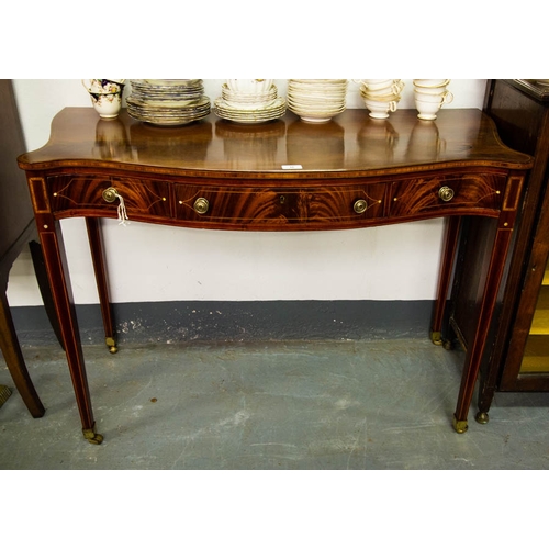 16 - QUALITY INLAID MAHOGANY SHAPED FRONT 3 DRAWER TABLE - J. COLHOUN, LIMERICK. 105W X 50D X 76CM HIGH