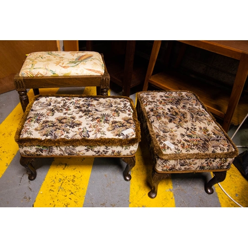 650 - PAIR OF TAPESTRY MATERIAL FOOT STOOLS + MAHOGANY STOOL