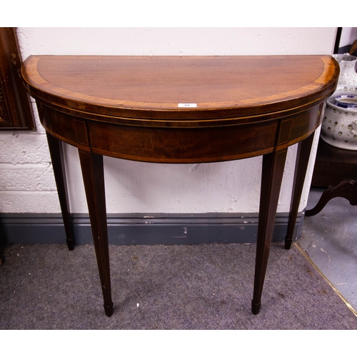 68 - MAHOGANY INLAID HALF MOON CARD TABLE. 91 X 73 X 73H