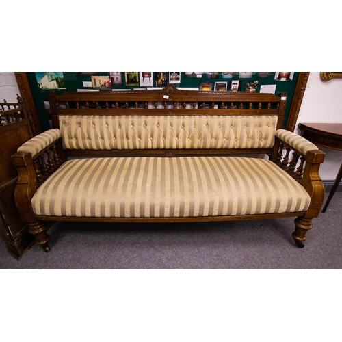 70 - CARVED EDWARDIAN RAIL BACK SETTEE. 180L X 68D X 105CM HIGH