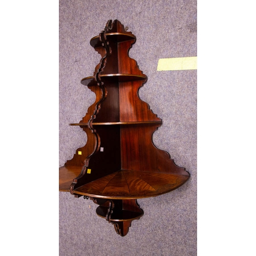 71 - PAIR OF INLAID SATINWOOD + MAHOGANY CORNER HANGING SHELVES. 108 CM LONG