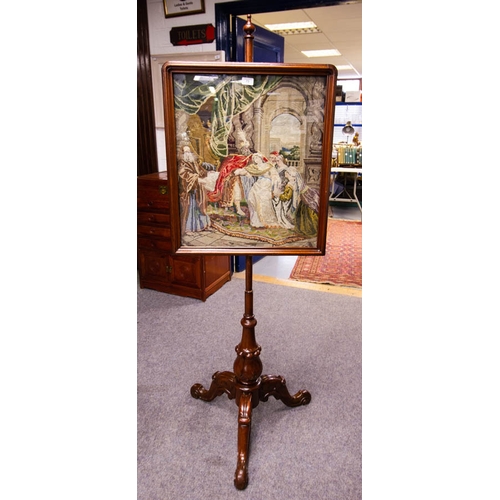 73 - VICTORIAN EMBROIDERED MAHOGANY TELESCOPIC FIRE OR PRIVACY SCREEN. REGAL SCENE. GOOD CONDITION, BEAUT... 