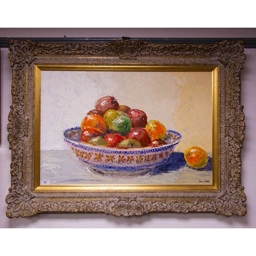 93 - IVAN SUTTON.  
OIL ON BOARD STILL LIFE.
 MOSSE FRUIT BOWL 100W X 75H CM