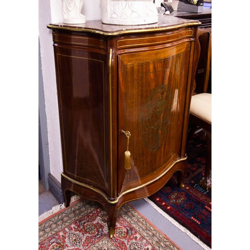 81 - BRASS INLAID SHAPED FRONT CABINET WITH MARBLE TOP
81CM W, 38CM D, 109CM H