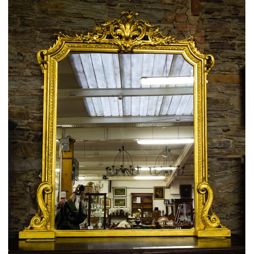 QUALITY VICTORIAN GILT ORNATE GILT FRAME MIRROR WITH CARTOUCHE TOP & SWAN NECK DECORATIONS.  165XM WIDE X 180 CM HIGH
