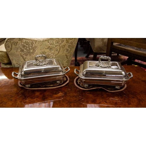 506 - PAIR OF VICTORIAN SILVER PLATED ENTREE DISHES ON BUN FEET