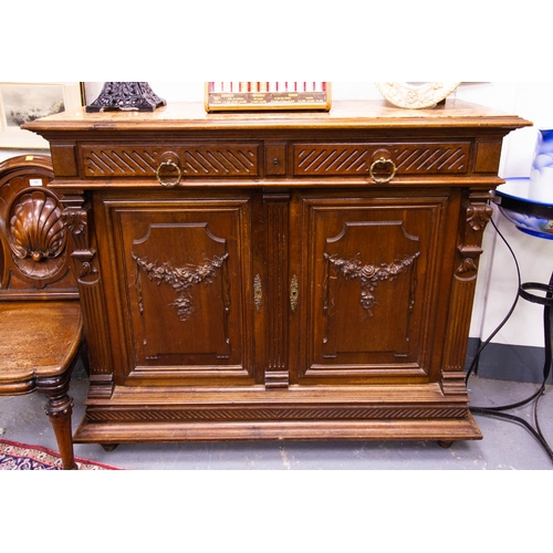 65 - FRENCH CARVED FRONT SIDE CABINET WITH MARBLE TOP. 120 X 45 X 104 AF