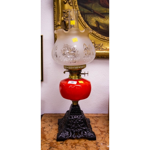 68 - VICTORIAN OIL LAMP WITH RED BOWL. 55 CM HIGH