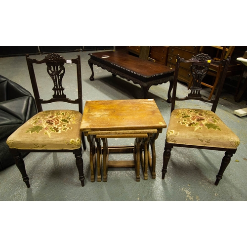 722 - PAIR OF CARVED BACK OCCASIONAL CHAIRS + OAK NEST OF TABLES