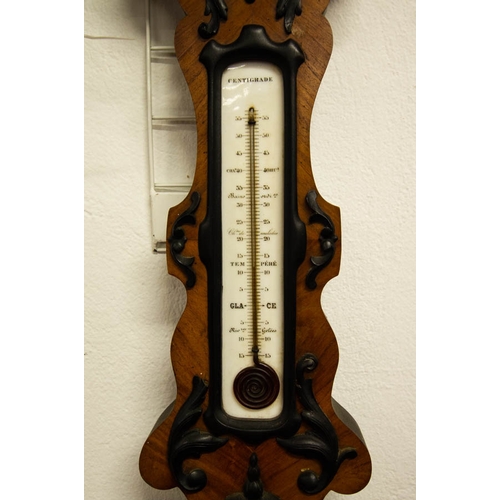 104 - ORNATE WALNUT AND EBONISED FRENCH BAROMETER CHEVALLIER PARIS WITH ALCOHOL THERMOMETER. 100CM HIGH