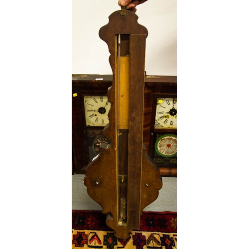 104 - ORNATE WALNUT AND EBONISED FRENCH BAROMETER CHEVALLIER PARIS WITH ALCOHOL THERMOMETER. 100CM HIGH