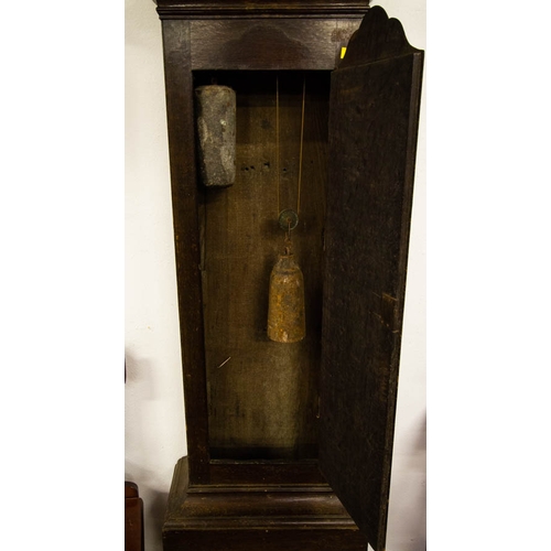 115 - OAK CASE GRANDFATHER CLOCK WITH PAINTED ARCH FACE WITH WEIGHTS. 50 X 220 X 25 CM DEEP