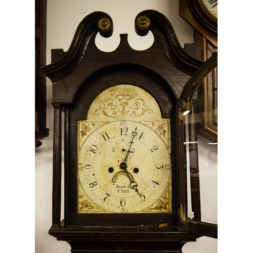 115 - OAK CASE GRANDFATHER CLOCK WITH PAINTED ARCH FACE WITH WEIGHTS. 50 X 220 X 25 CM DEEP