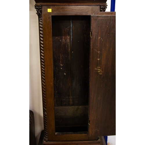 131 - MAHOGANY CASE GRANDFATHER CLOCK SIGNED DONIS THROPE NORMANIO AF MISSING DOOR ETC. 50W X 212 CM HIGH