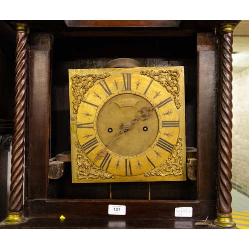 131 - MAHOGANY CASE GRANDFATHER CLOCK SIGNED DONIS THROPE NORMANIO AF MISSING DOOR ETC. 50W X 212 CM HIGH