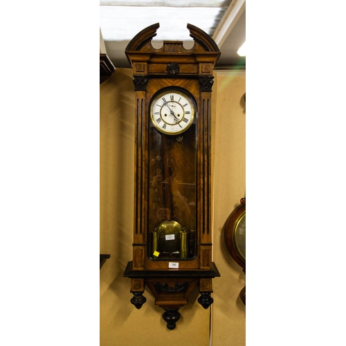 180 - WALNUT AND EBONISED CASE DOUBLE WEIGHT VIENNA WALL CLOCK RETAILED BY BENSON OF LONDON.  120 CM HIGH