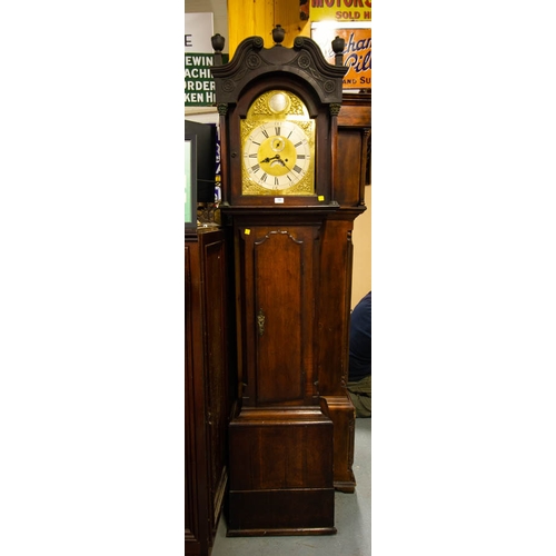 189 - OAK CROSSBANDED GRANDFATHER CLOCK SIGNED JAMES KING RUMFORD NO WEIGHTS OR PENDULUM. 52W X 225 HIGH