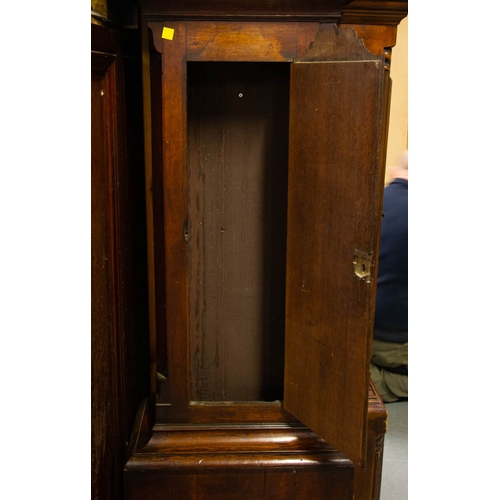 189 - OAK CROSSBANDED GRANDFATHER CLOCK SIGNED JAMES KING RUMFORD NO WEIGHTS OR PENDULUM. 52W X 225 HIGH