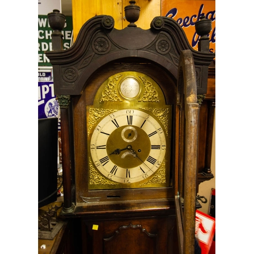 189 - OAK CROSSBANDED GRANDFATHER CLOCK SIGNED JAMES KING RUMFORD NO WEIGHTS OR PENDULUM. 52W X 225 HIGH