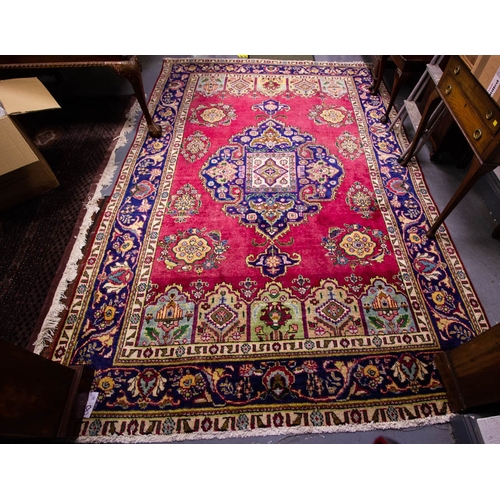 201 - PERSIAN TABRIZ PINK GROUND RUG WITH BLUE BORDER 307 X 200CM