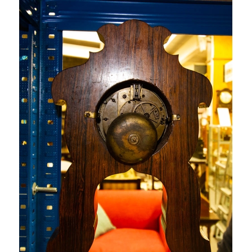 220 - CONTINENTAL ROSEWOOD PORTICO MANTLE CLOCK WITH ELABORATE INLAY. 27 WIDE X 43CM HIGH