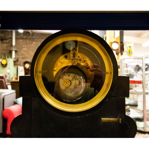 226 - LATE 19TH CENTURY FRENCH SLATE MANTEL CLOCK WITH MALACHITE PANELS, VISIBLE ESCAPEMENT. 36W X 40 CM H... 