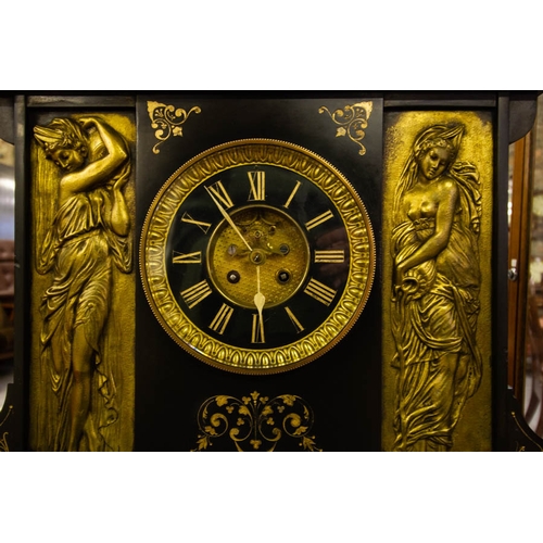 245 - VICTORIAN SLATE MANTLE CLOCK WITH BRONZE DECORATION WITH VISIBLE ESCAPEMENT