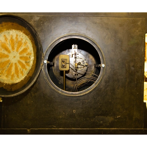 245 - VICTORIAN SLATE MANTLE CLOCK WITH BRONZE DECORATION WITH VISIBLE ESCAPEMENT