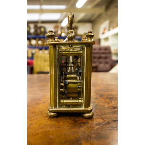 258 - MINIATURE FRENCH CARRIAGE CLOCK WITH PORCELAIN DIAL AND PLATFORM ESCAPEMENT. 19CM HIGH