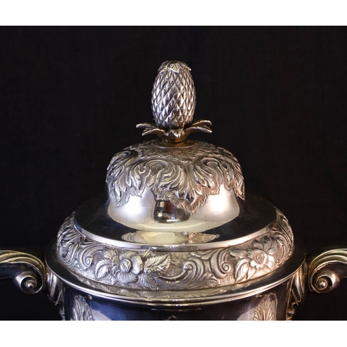 265 - GEORGIAN IRISH SILVER LIDDED TROPHY ON TIMBER BASE BY WILLIAM THOMPSON 1680G/59OZ TOTAL HEIGHT INCLU... 