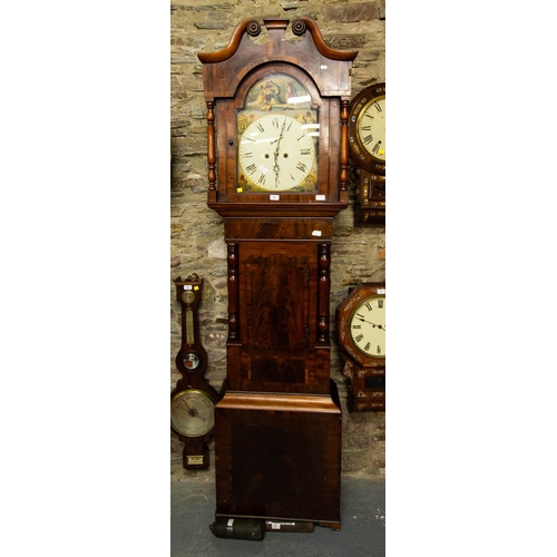 28 - VICTORIAN MAHOGANY PAINTED DIAL GRANDFATHER CLOCK WITH BIBLICAL SCENE J BRUMLEY