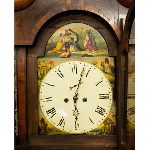 28 - VICTORIAN MAHOGANY PAINTED DIAL GRANDFATHER CLOCK WITH BIBLICAL SCENE J BRUMLEY