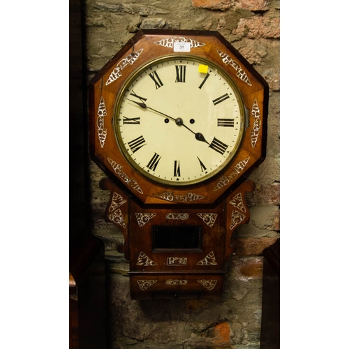 31 - VICTORIAN ROSEWOOD DOUBLE FUSEE WALL CLOCK WITH MOTHER OF PEARL INLAY