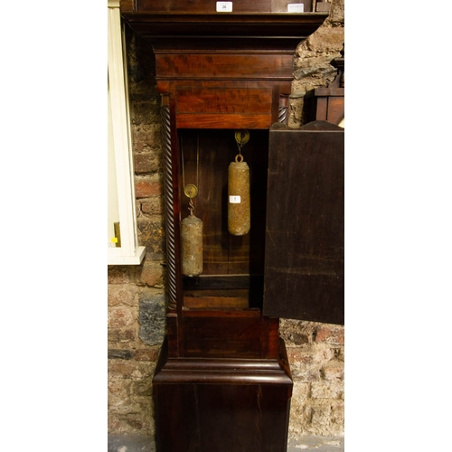 36 - VICTORIAN MAHOGANY GRANDFATHER CLOCK WITH PAINTED DIAL WITH WEIGHTS, NO PENDULUM 45 X 206 X 25 CM