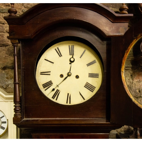 36 - VICTORIAN MAHOGANY GRANDFATHER CLOCK WITH PAINTED DIAL WITH WEIGHTS, NO PENDULUM 45 X 206 X 25 CM