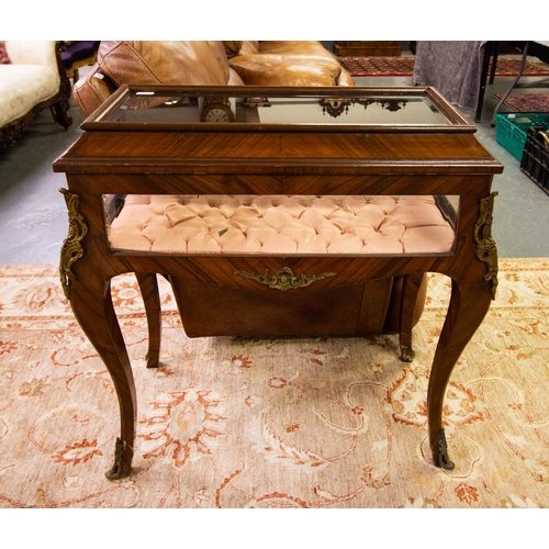 365 - ANTIQUE KINGSWOOD CURIO TABLE WITH ORMOLU MOUNTS. 88 X 48 X 90CM HIGH