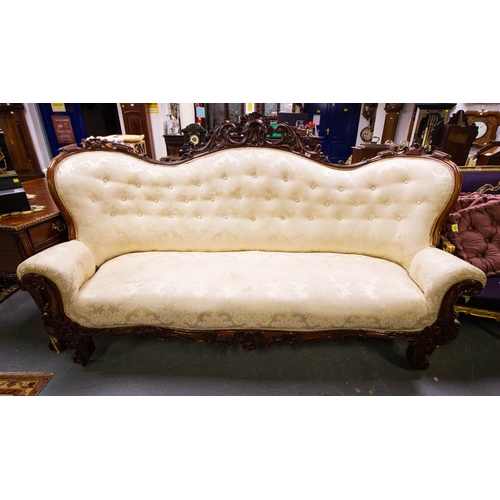 366 - LARGE CARVED MAHOGANY FRAME 3 SEATER SETTEE. 220CM LONG X 85 CM DEEP X 140 CM HIGH