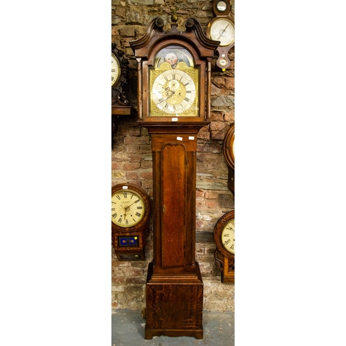 42 - OAK GRANDFATHER CLOCK BY JOHN STANCLIFF WITH BRASS DIAL AND MOON ROLLER - PENDULUM AND WEIGHTS