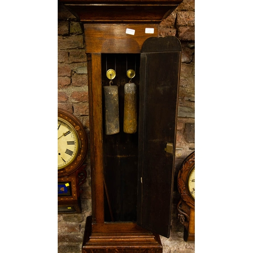 42 - OAK GRANDFATHER CLOCK BY JOHN STANCLIFF WITH BRASS DIAL AND MOON ROLLER - PENDULUM AND WEIGHTS