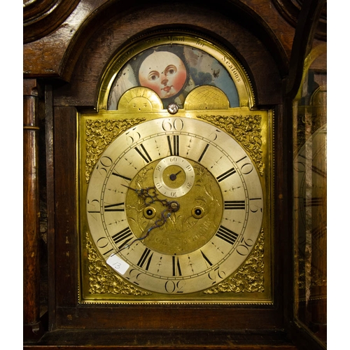 42 - OAK GRANDFATHER CLOCK BY JOHN STANCLIFF WITH BRASS DIAL AND MOON ROLLER - PENDULUM AND WEIGHTS