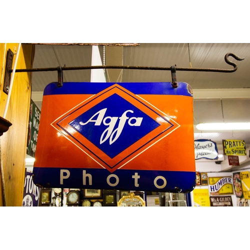 446 - AGFA PHOTO DOUBLE SIDED ORIGINAL ENAMEL ADVERTISING SIGN WITH ORIGINAL BRACKET. 48 X 34CM