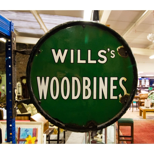 469 - WILLS WOODBINE ORIGINAL DOUBLE SIDED ENAMEL SIGN WITH ORIGINAL BRACKET. 45 CM DIAMETER