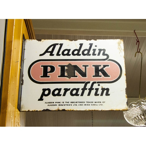 470 - ALADDIN PINK PARAFFIN ORIGINAL ENAMEL DOUBLE SIDED ADVERTISING SIGN .