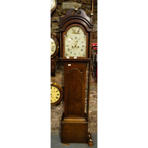 50 - ENGLISH COTTAGE GRANDFATHER CLOCK WITH PAINTED DIAL BY JAMES MOORE WARMINSTER WITH ASSOCIATED WOOD D... 