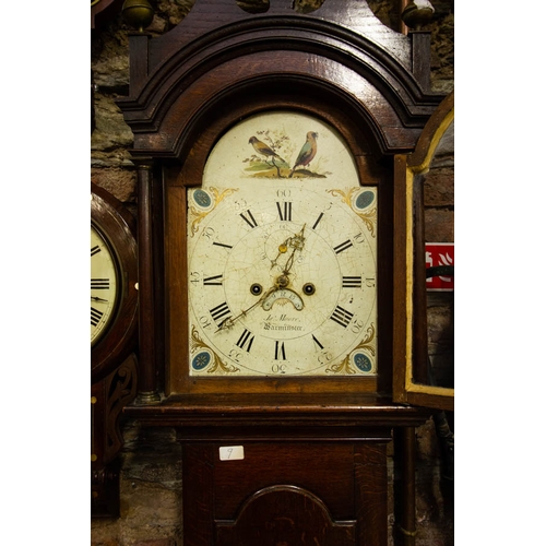 50 - ENGLISH COTTAGE GRANDFATHER CLOCK WITH PAINTED DIAL BY JAMES MOORE WARMINSTER WITH ASSOCIATED WOOD D... 