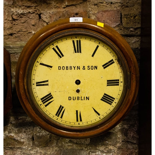 51 - DOBBYN + SON OF DUBLIN FUSEE WALL CLOCK AF NO PENDULUM, SIDE DOOR MISSING